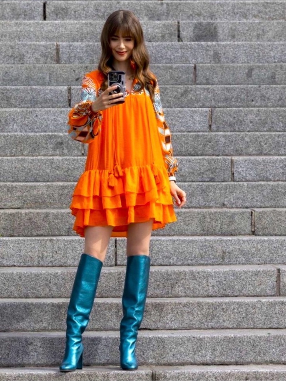 Iris Apfel + H&M Bright Orange Tiered Mini Dress with Patterned Long Sleeves